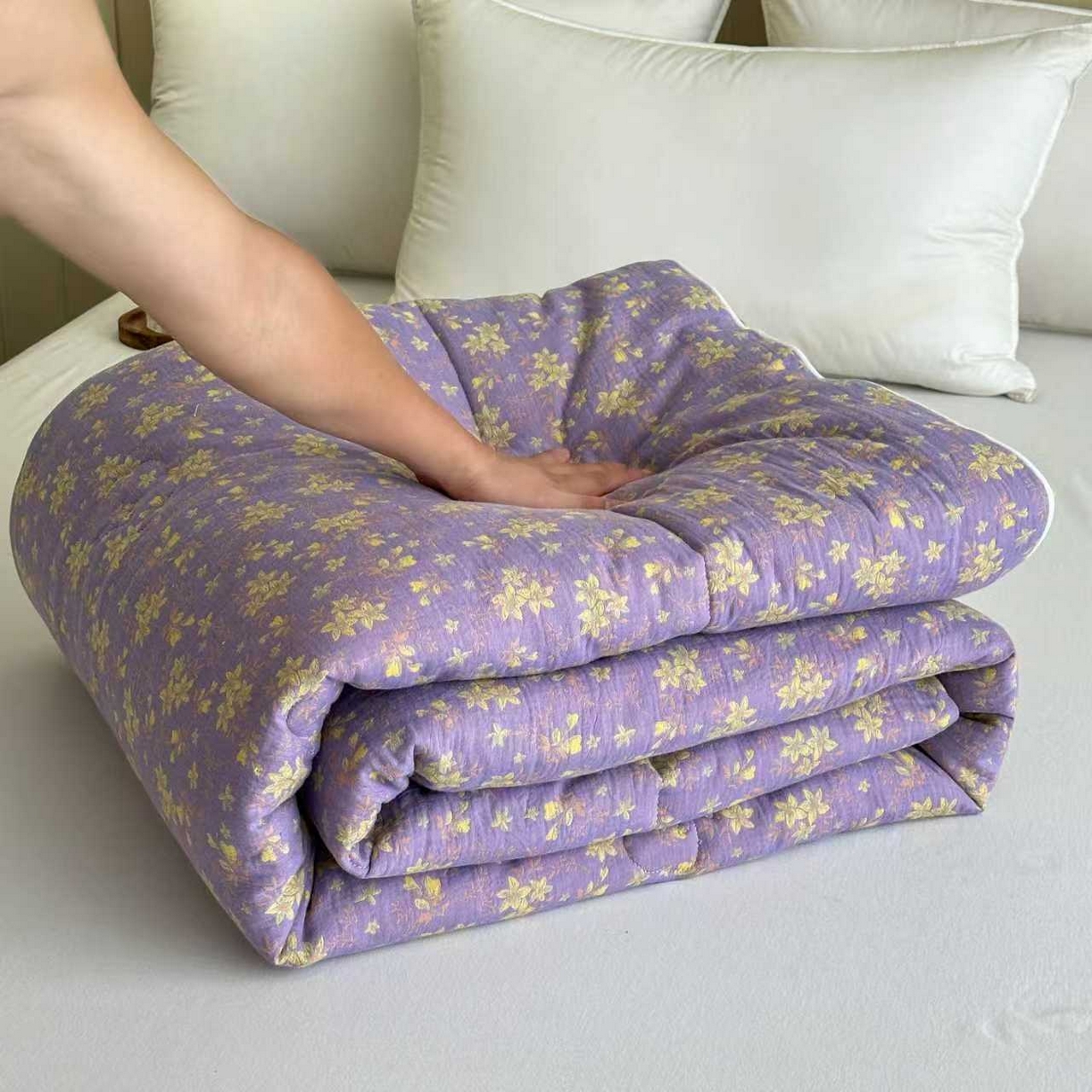 91家纺网 家纺一手货源 找家纺 睡棉坊 2025新款全棉色织提花双层纱春秋被芯冬被 诗画-紫