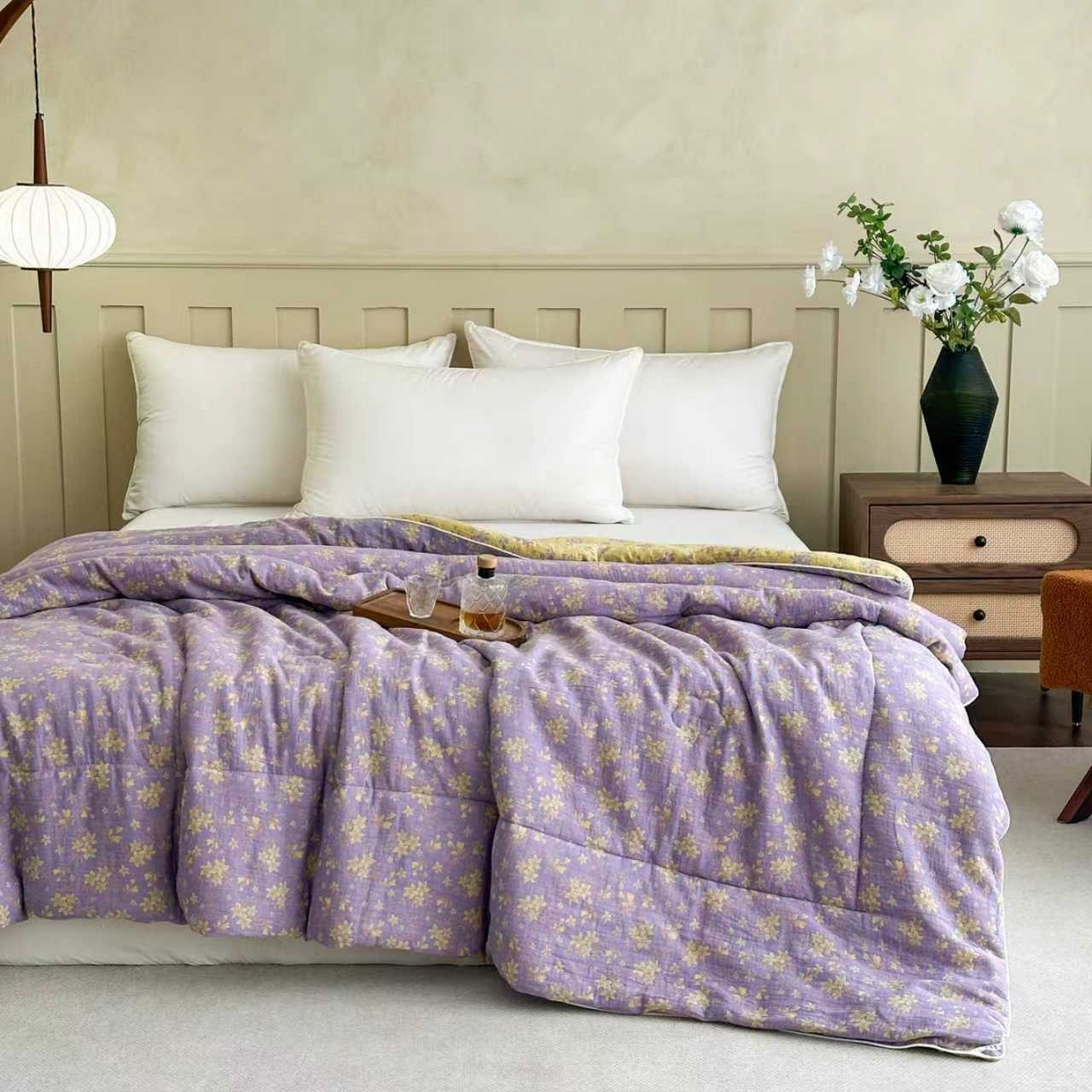 91家纺网 家纺一手货源 找家纺 睡棉坊 2025新款全棉色织提花双层纱春秋被芯冬被 诗画-紫