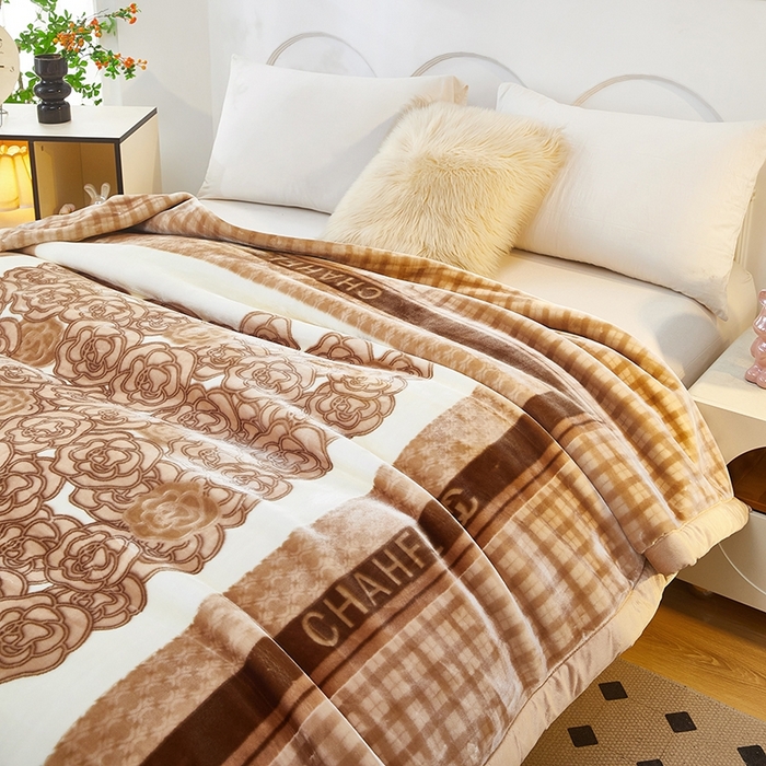 91家纺网 家纺一手货源 找家纺 铺尚美家纺 2025新款拉舍尔毛毯毯子双层加厚不加棉不加布 4-12斤可定制外贸毛毯 652 山茶花开-驼