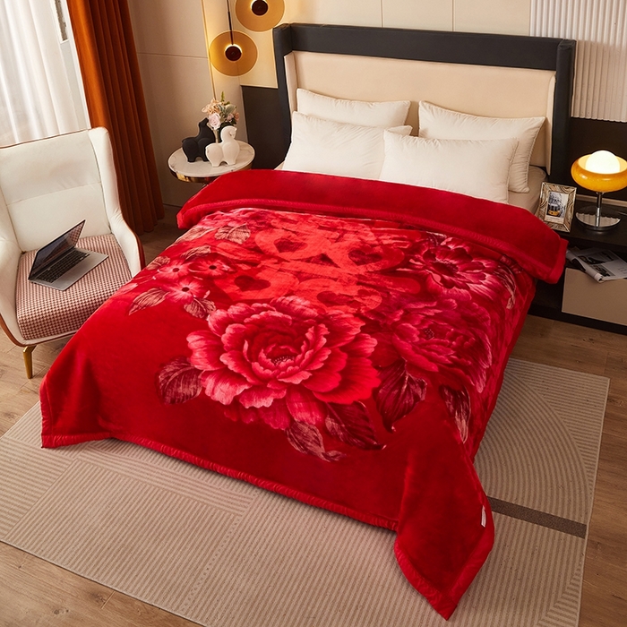 91家纺网 家纺一手货源 找家纺 铺尚美家纺 2025新款拉舍尔毛毯毯子双层加厚不加棉不加布 4-12斤可定制外贸毛毯 655 大红(红双喜)