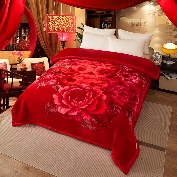 91家纺网 家纺一手货源 找家纺 铺尚美家纺 2025新款拉舍尔毛毯毯子双层加厚不加棉不加布 4-12斤可定制外贸毛毯 655 大红(红双喜)