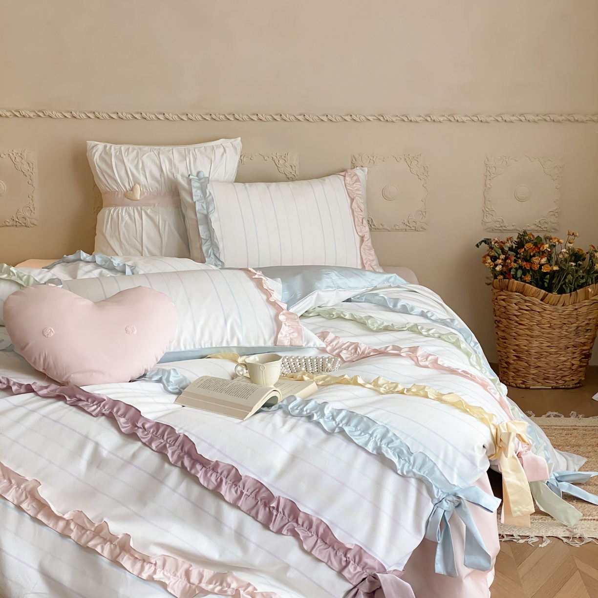 91家纺网 家纺一手货源 找家纺 （总）星野 2025新款公主风双股澳棉全棉花边蝴蝶结四件套奶油缎带