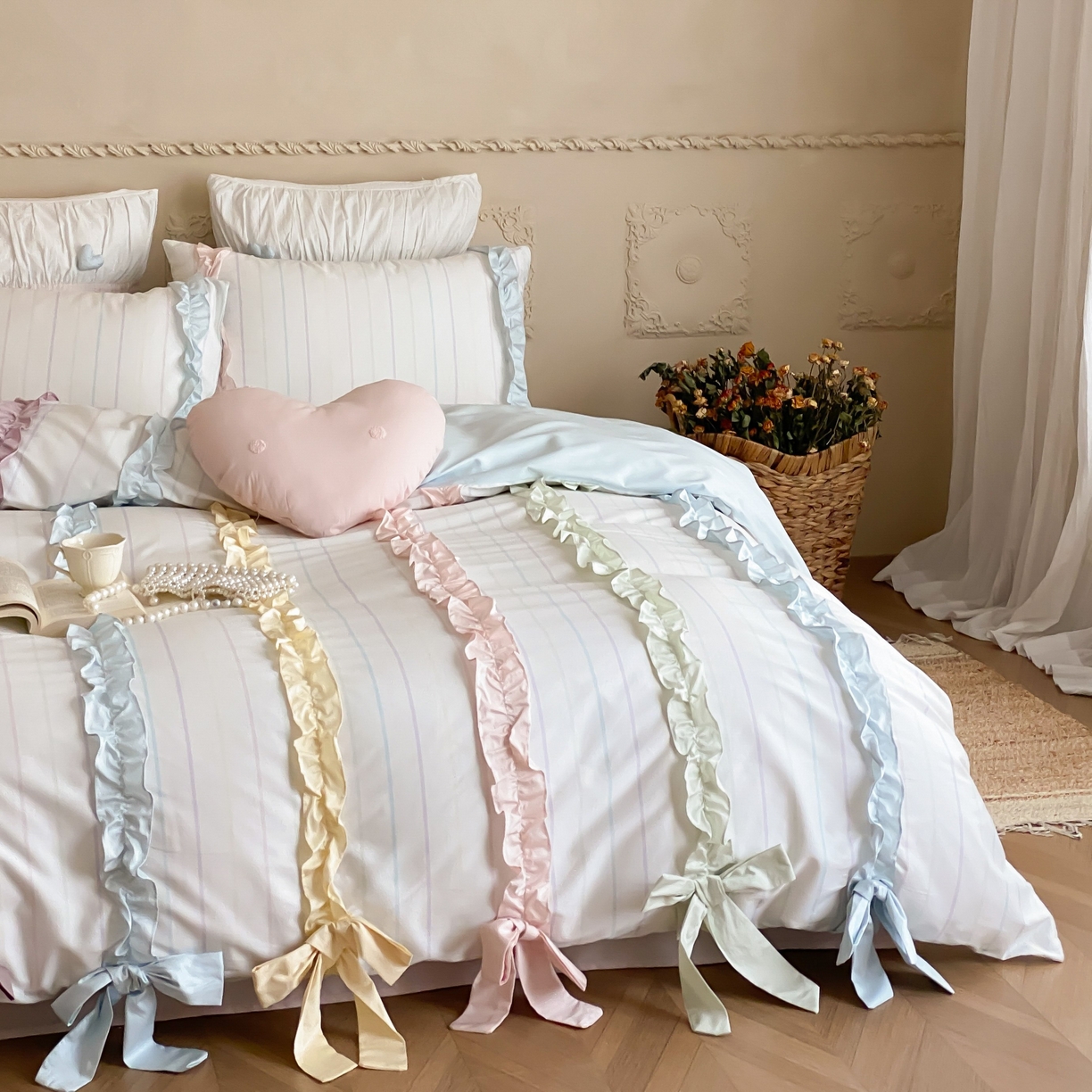 91家纺网 家纺一手货源 找家纺 （总）星野 2025新款公主风双股澳棉全棉花边蝴蝶结四件套奶油缎带