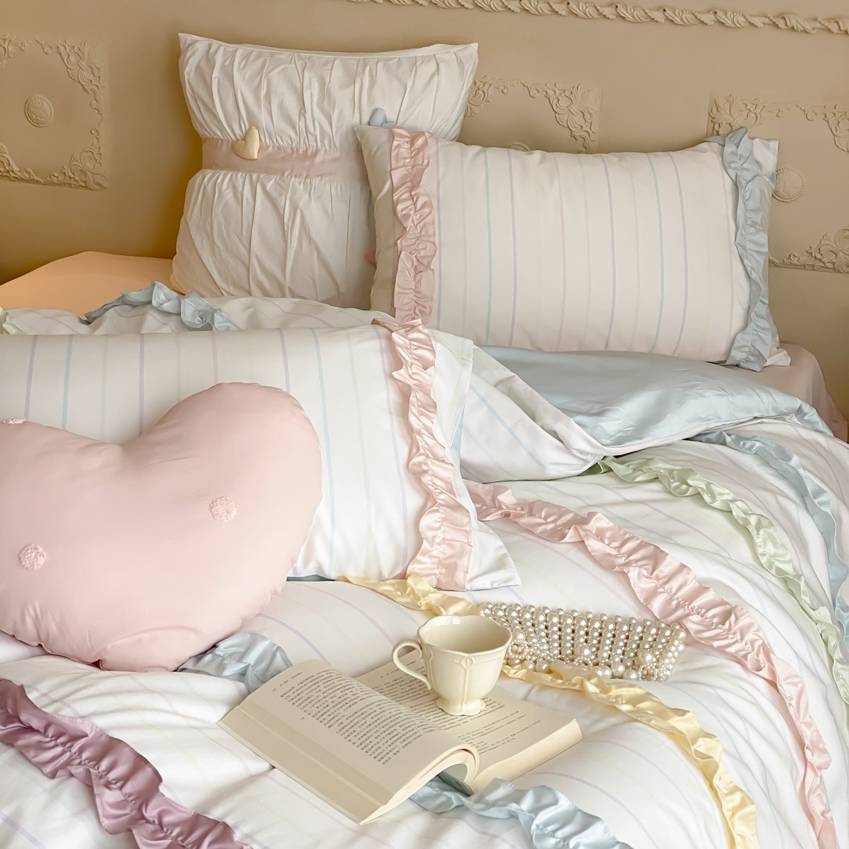 91家纺网 家纺一手货源 找家纺 （总）星野 2025新款公主风双股澳棉全棉花边蝴蝶结四件套奶油缎带