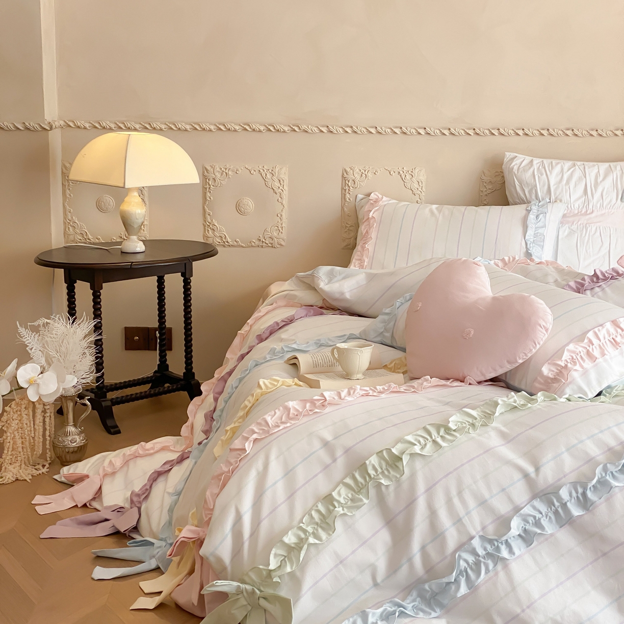 91家纺网 家纺一手货源 找家纺 （总）星野 2025新款公主风双股澳棉全棉花边蝴蝶结四件套奶油缎带