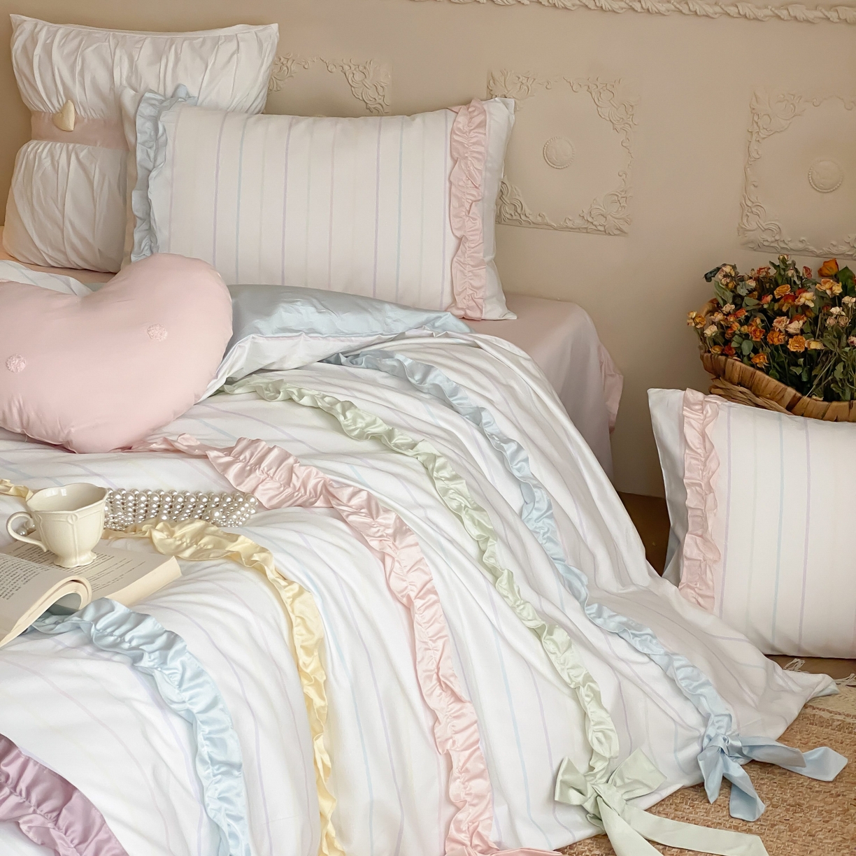 91家纺网 家纺一手货源 找家纺 （总）星野 2025新款公主风双股澳棉全棉花边蝴蝶结四件套奶油缎带