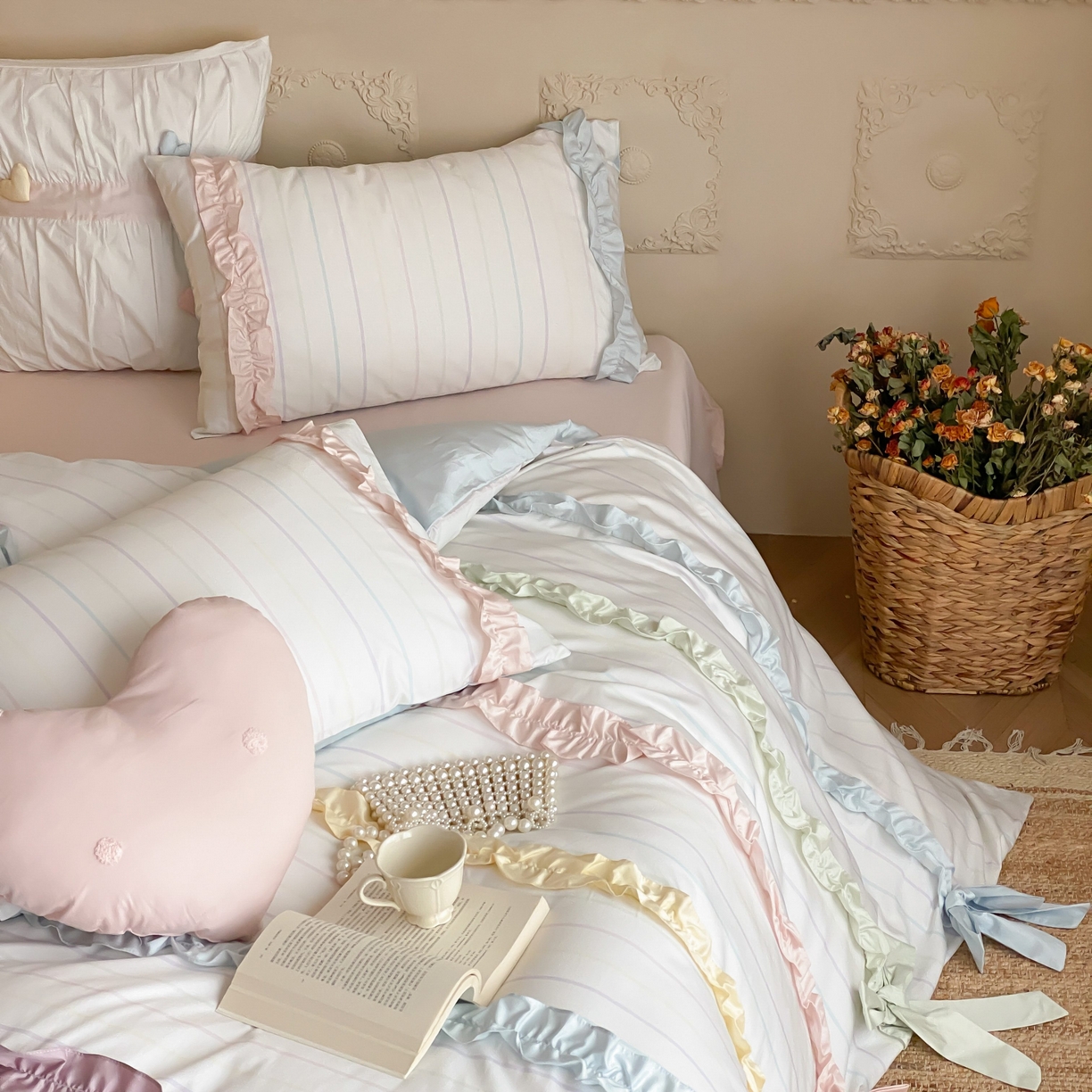 91家纺网 家纺一手货源 找家纺 （总）星野 2025新款公主风双股澳棉全棉花边蝴蝶结四件套奶油缎带