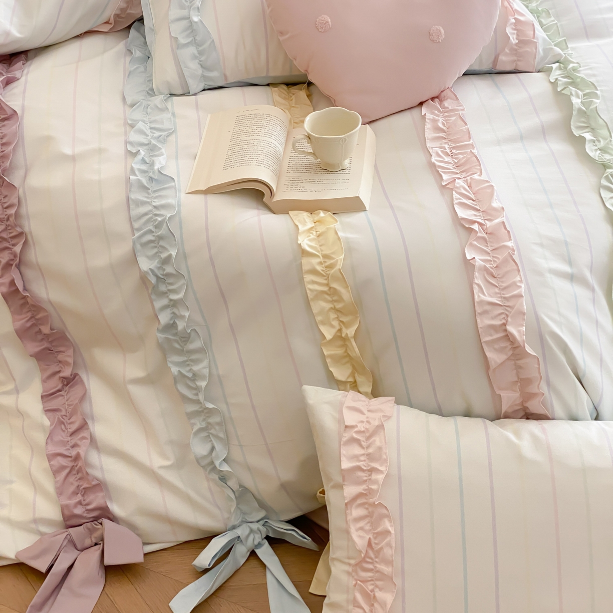 91家纺网 家纺一手货源 找家纺 （总）星野 2025新款公主风双股澳棉全棉花边蝴蝶结四件套奶油缎带