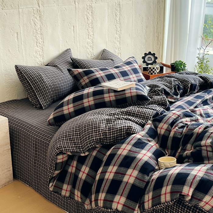 （总）佰亿莱 2025新款棉麻双层纱四件套-黑大格