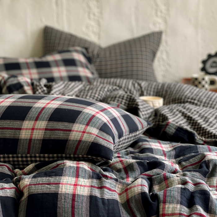 91家纺网 家纺一手货源 找家纺 （总）佰亿莱 2025新款棉麻双层纱四件套-黑大格