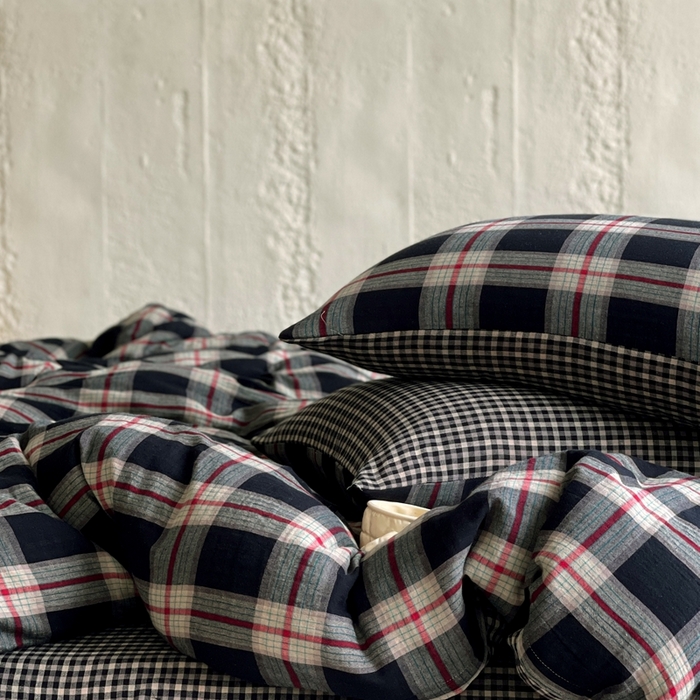 91家纺网 家纺一手货源 找家纺 （总）佰亿莱 2025新款棉麻双层纱四件套-黑大格