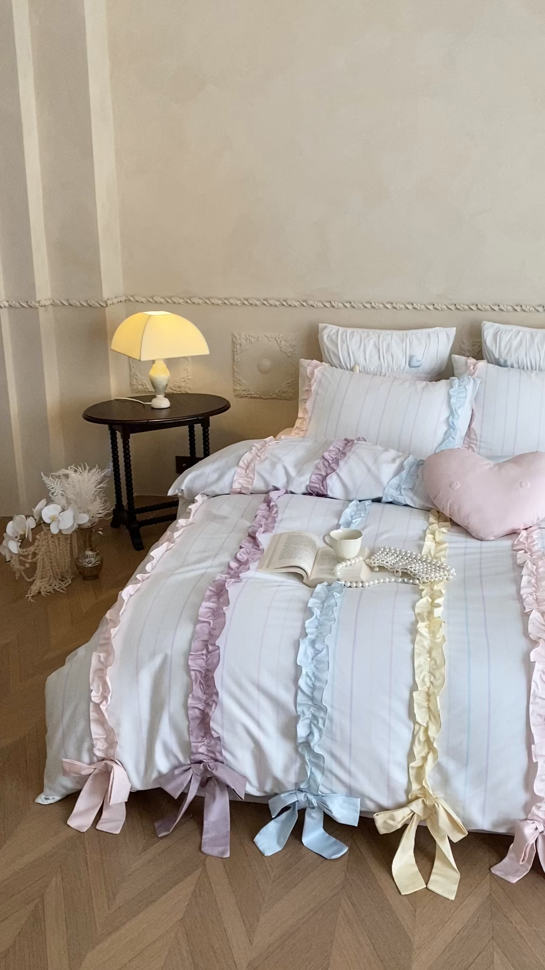 91家纺网 家纺一手货源 找家纺 （总）星野 2025新款公主风双股澳棉全棉花边蝴蝶结四件套奶油缎带