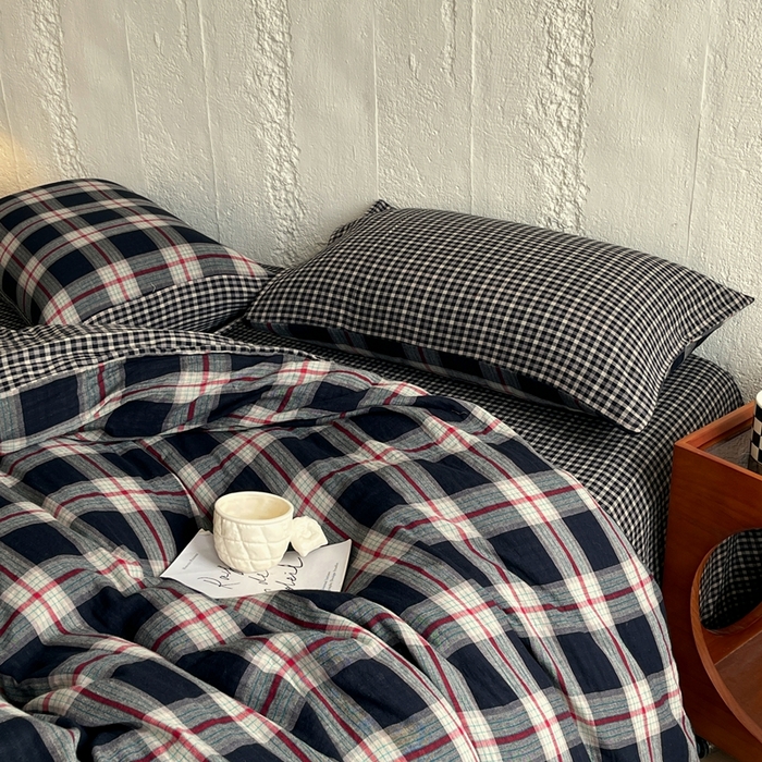 91家纺网 家纺一手货源 找家纺 （总）佰亿莱 2025新款棉麻双层纱四件套-黑大格