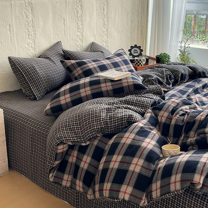 91家纺网 家纺一手货源 找家纺 （总）佰亿莱 2025新款棉麻双层纱四件套-黑大格