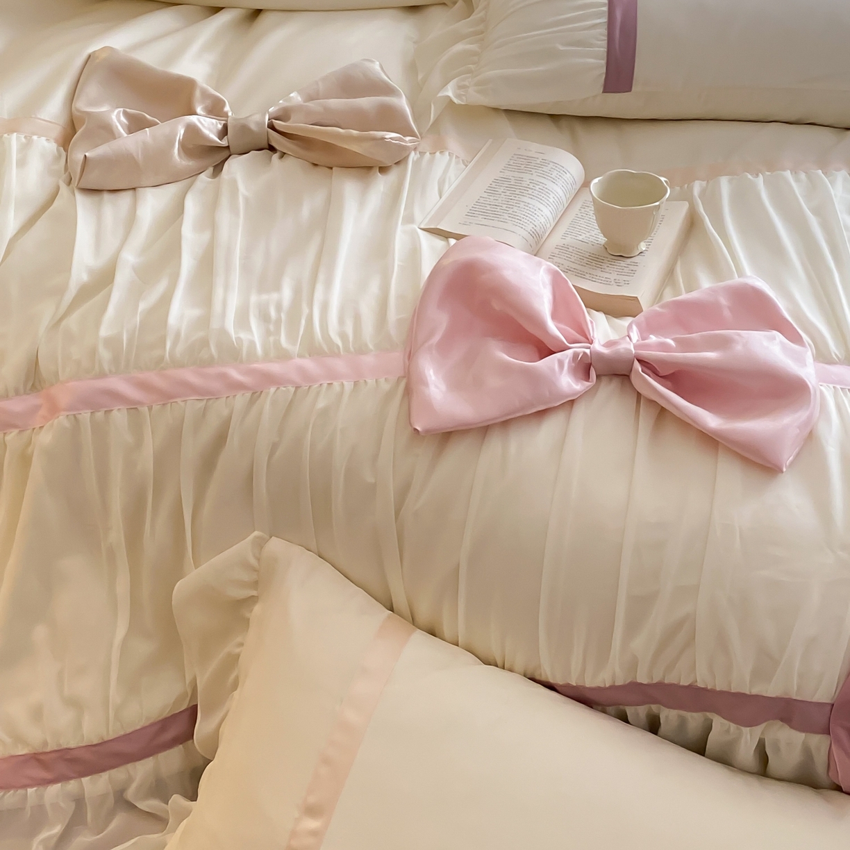 91家纺网 家纺一手货源 找家纺 （总）星野 2025新款公主风澳棉全棉花边蝴蝶结四件套 舒芙蕾系列