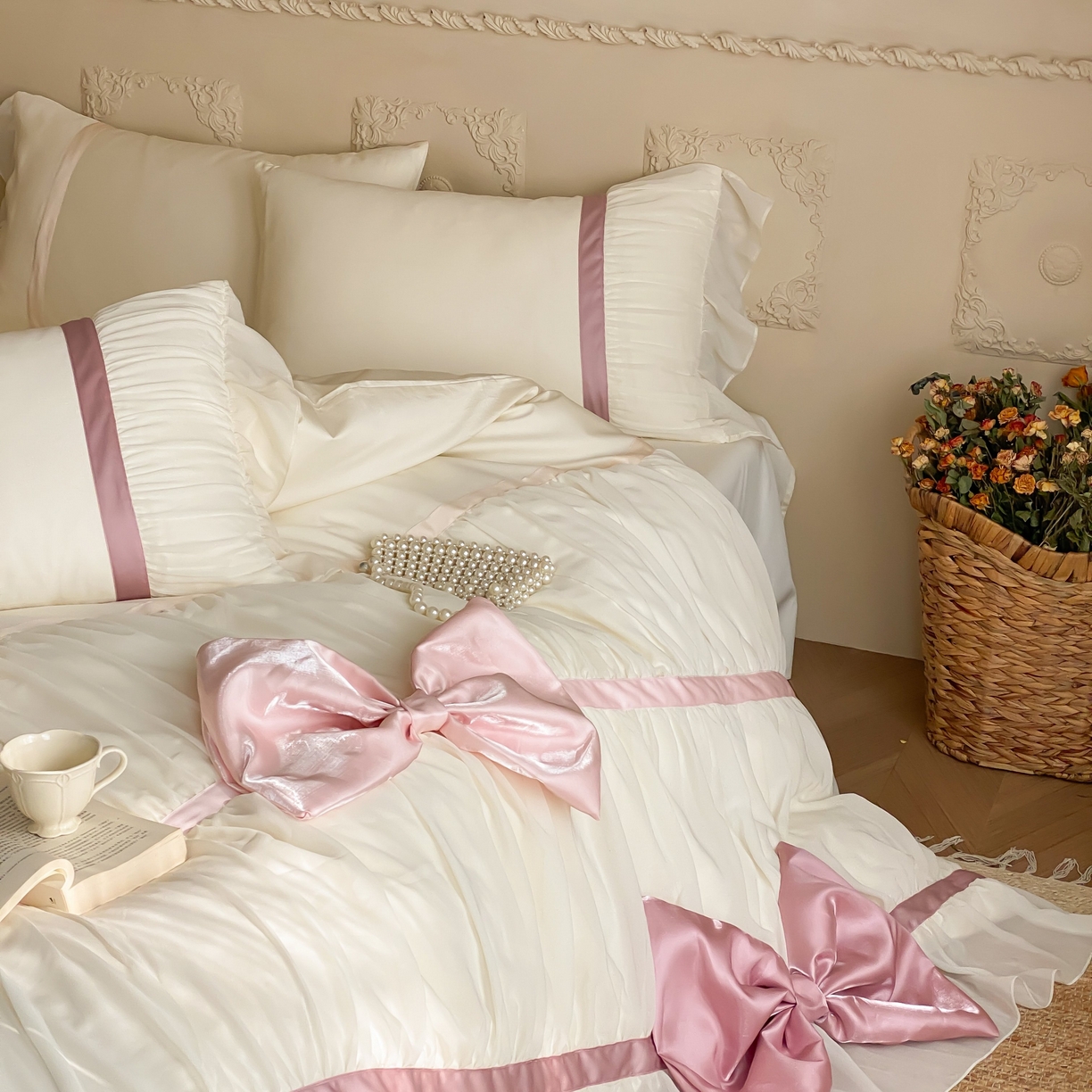 91家纺网 家纺一手货源 找家纺 （总）星野 2025新款公主风澳棉全棉花边蝴蝶结四件套 舒芙蕾系列