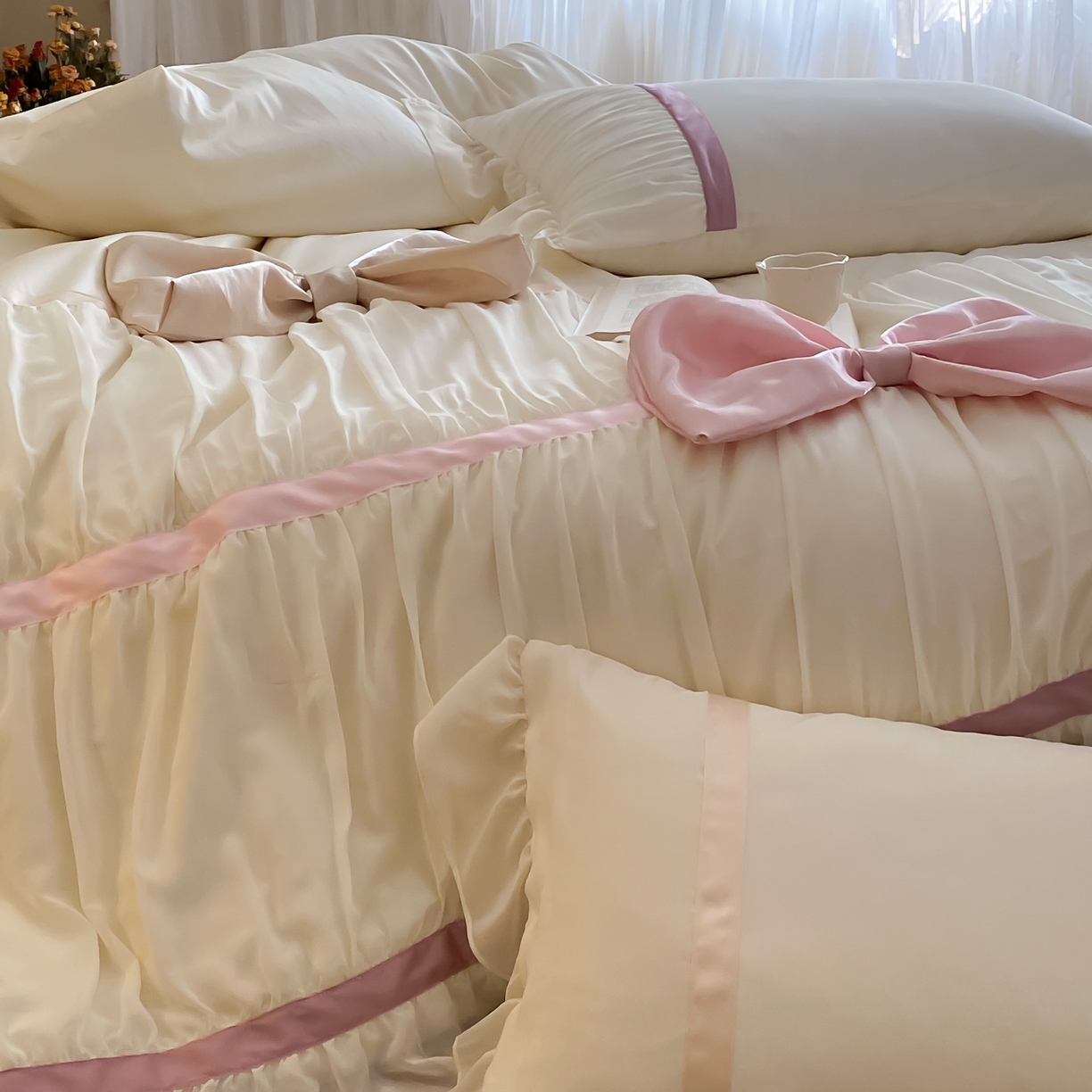 91家纺网 家纺一手货源 找家纺 （总）星野 2025新款公主风澳棉全棉花边蝴蝶结四件套 舒芙蕾系列