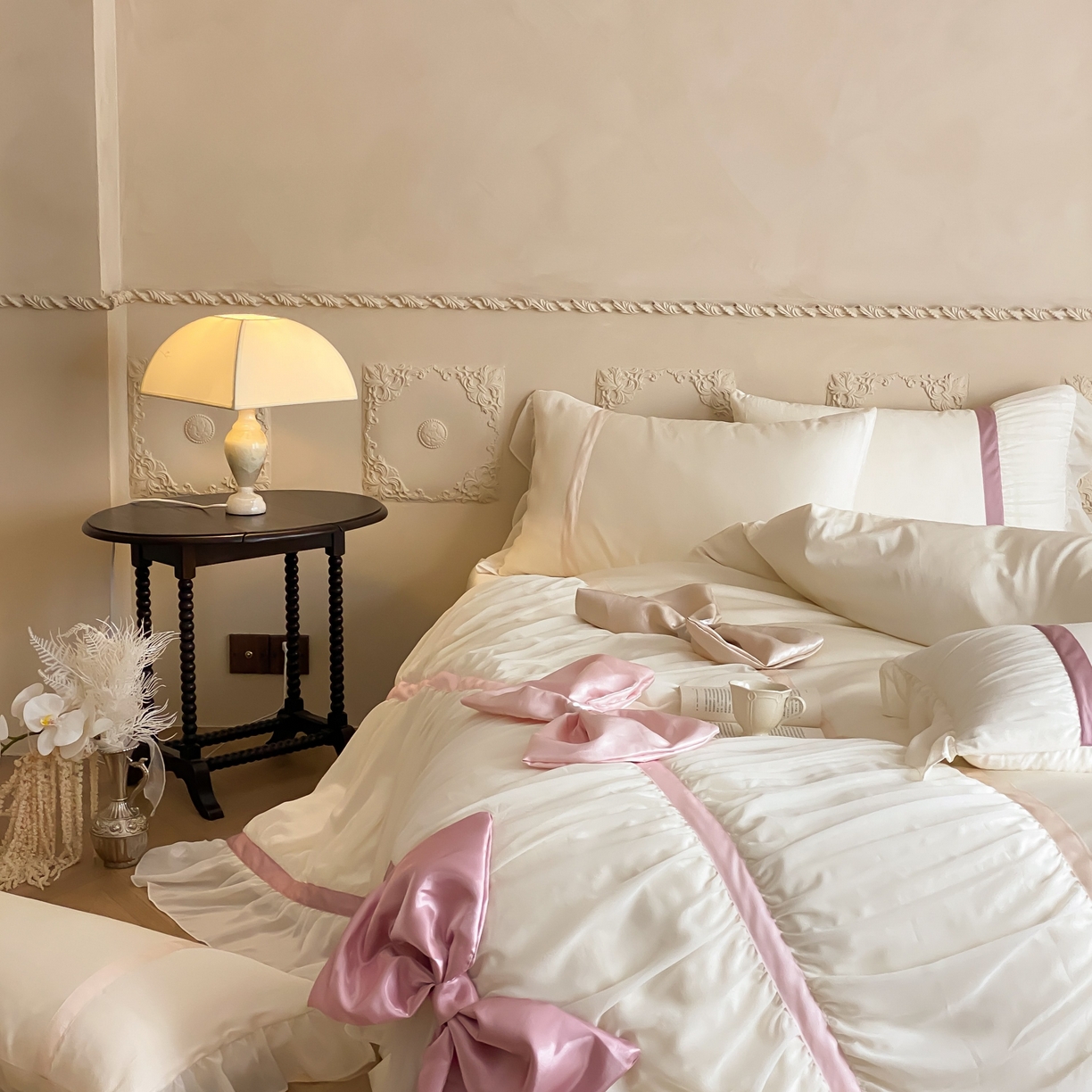 91家纺网 家纺一手货源 找家纺 （总）星野 2025新款公主风澳棉全棉花边蝴蝶结四件套 舒芙蕾系列