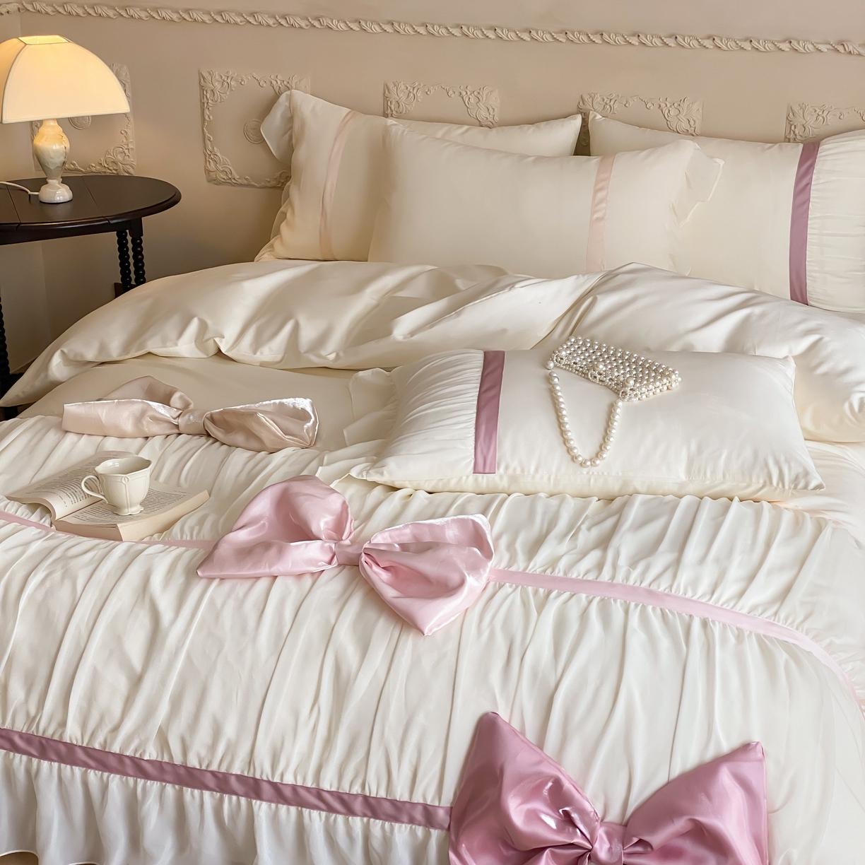 91家纺网 家纺一手货源 找家纺 （总）星野 2025新款公主风澳棉全棉花边蝴蝶结四件套 舒芙蕾系列