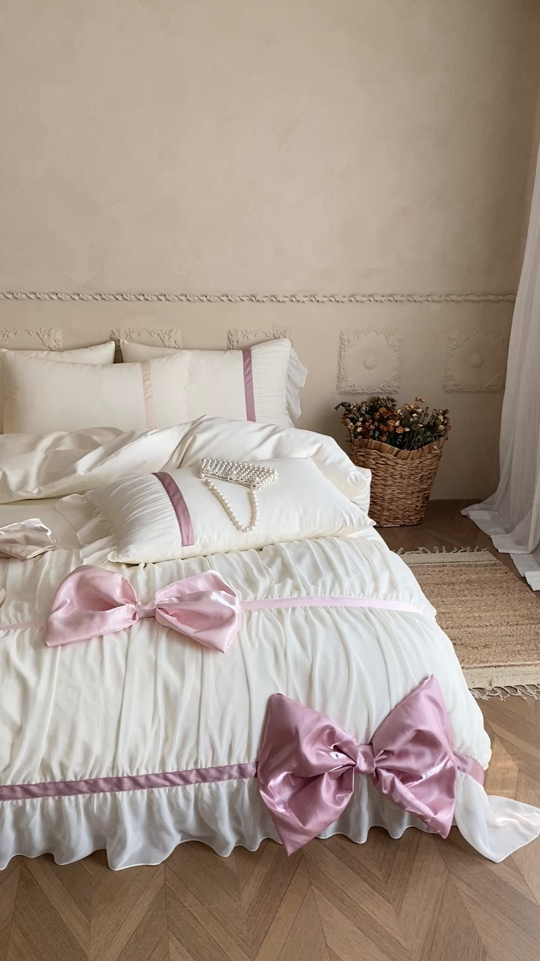 91家纺网 家纺一手货源 找家纺 （总）星野 2025新款公主风澳棉全棉花边蝴蝶结四件套 舒芙蕾系列