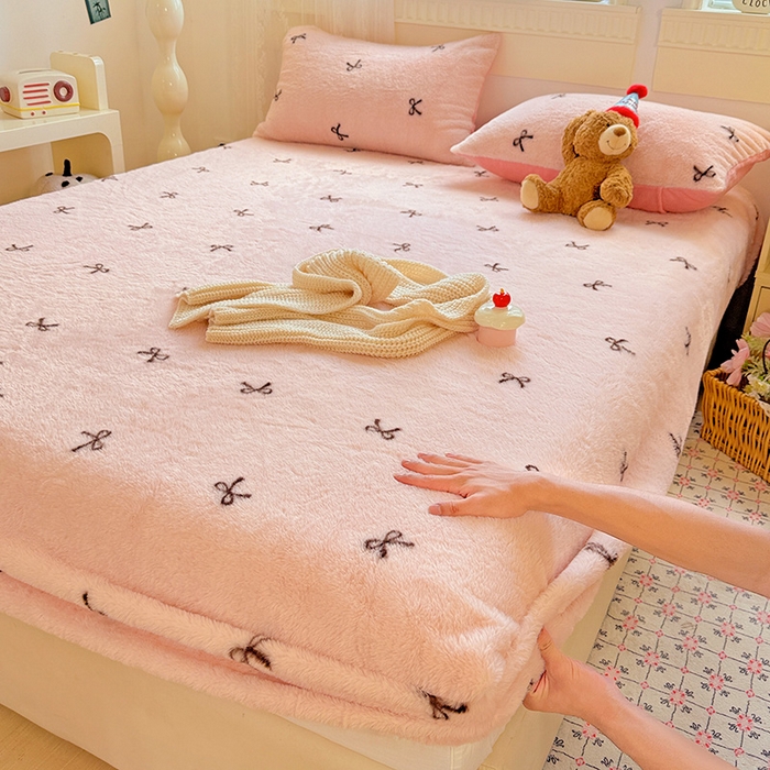 2025新品兔毛印花单床笠 床笠-粉色蝴蝶结