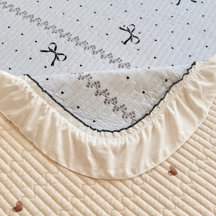 91家纺网 家纺一手货源 找家纺 岚吉家纺 2025新款有氧双层纱花边床盖系列爱心蝴蝶结-蓝