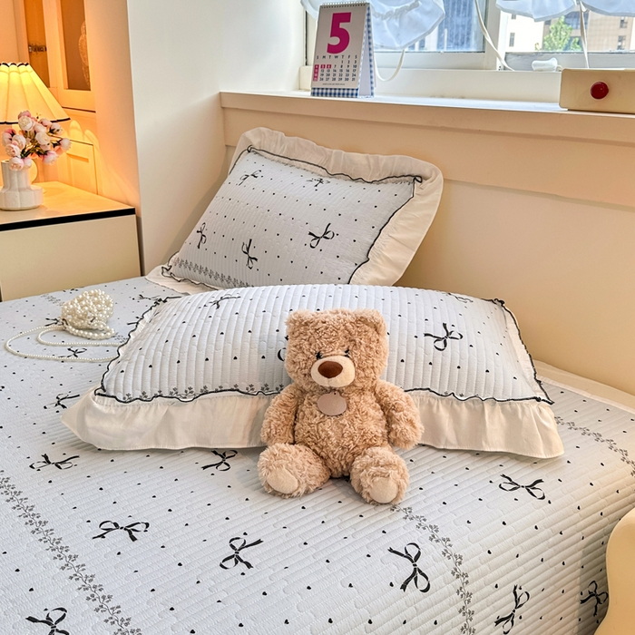 91家纺网 家纺一手货源 找家纺 岚吉家纺 2025新款有氧双层纱花边床盖系列爱心蝴蝶结-蓝