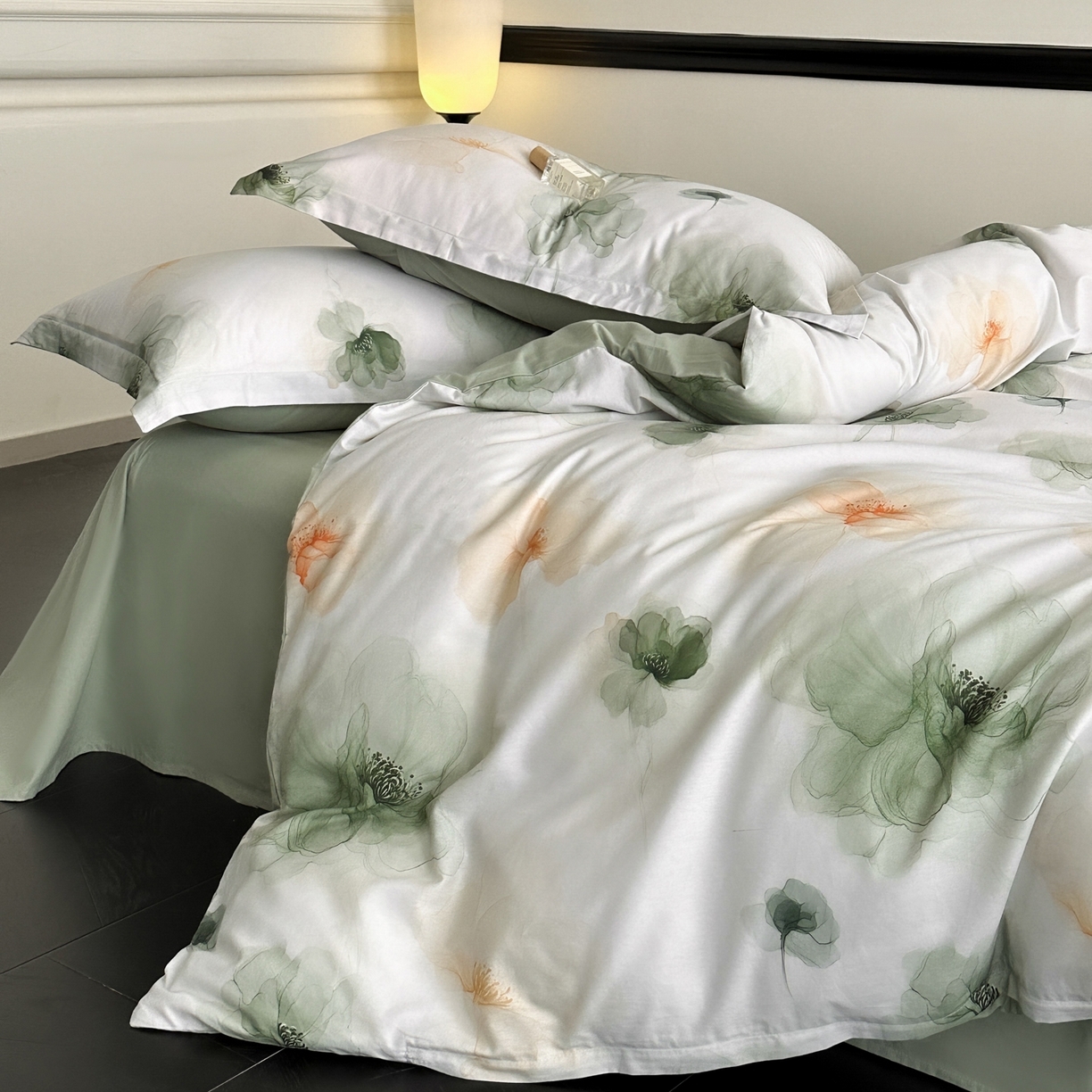 91家纺网 家纺一手货源 找家纺 金鑫汇家纺 2025新款13372全棉纯棉高端数码印花四件套 春晓-绿