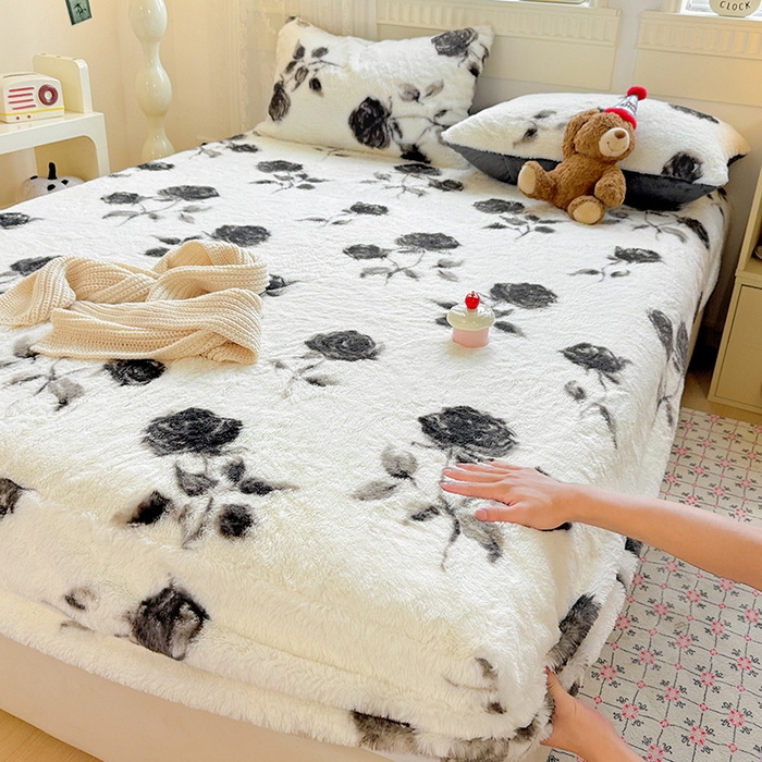 2025新品兔毛印花单床笠 床笠-玫瑰