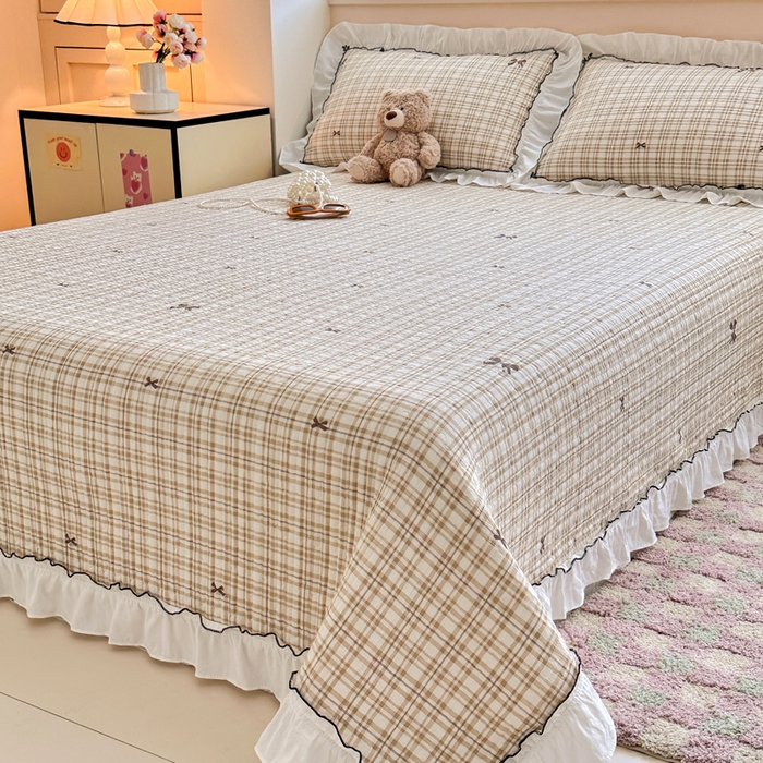 91家纺网 家纺一手货源 找家纺 岚吉家纺 2025新款有氧双层纱花边床盖系列格子蝴蝶结-咖