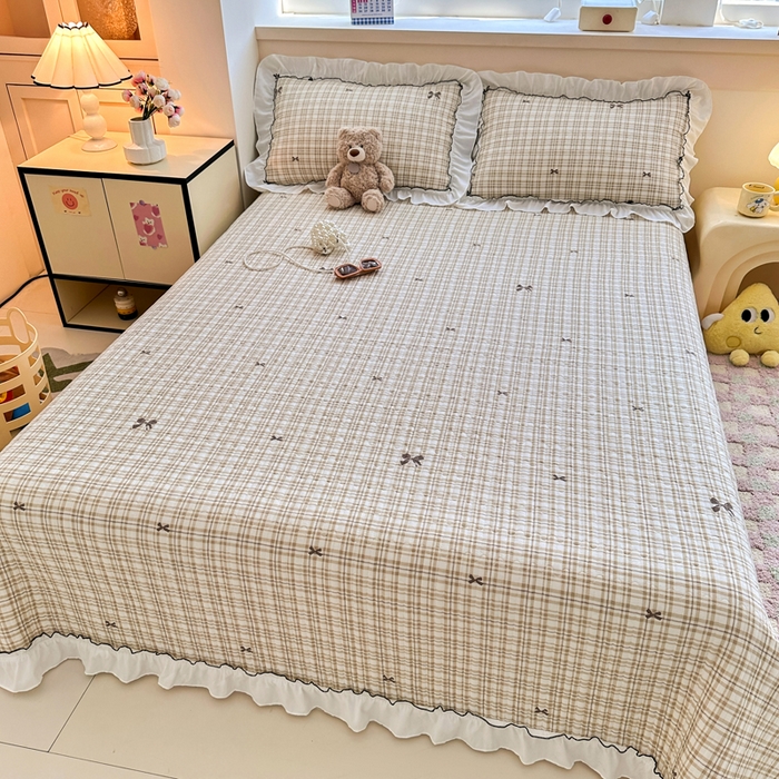 91家纺网 家纺一手货源 找家纺 岚吉家纺 2025新款有氧双层纱花边床盖系列格子蝴蝶结-咖