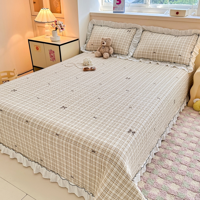 91家纺网 家纺一手货源 找家纺 岚吉家纺 2025新款有氧双层纱花边床盖系列格子蝴蝶结-咖