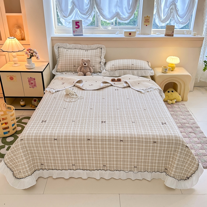 91家纺网 家纺一手货源 找家纺 岚吉家纺 2025新款有氧双层纱花边床盖系列格子蝴蝶结-咖