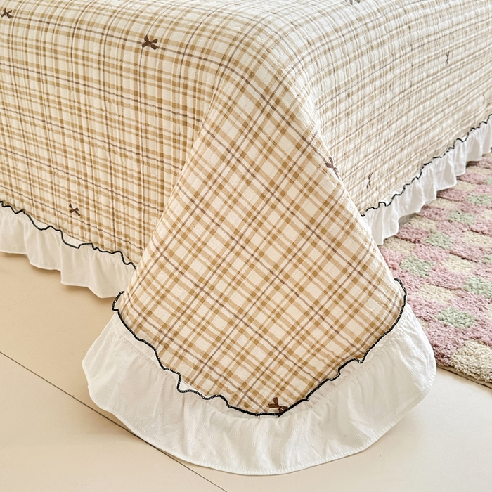 91家纺网 家纺一手货源 找家纺 岚吉家纺 2025新款有氧双层纱花边床盖系列格子蝴蝶结-咖