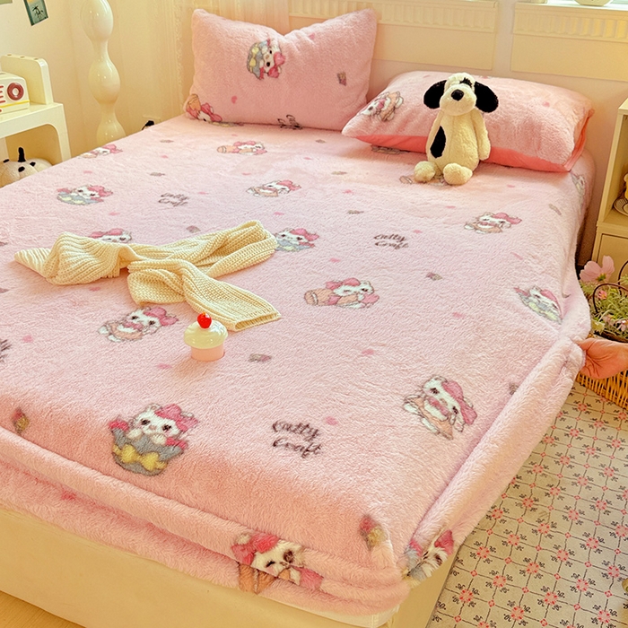 91家纺网 家纺一手货源 找家纺 2025新品兔毛印花单床笠 床笠-美帝猫