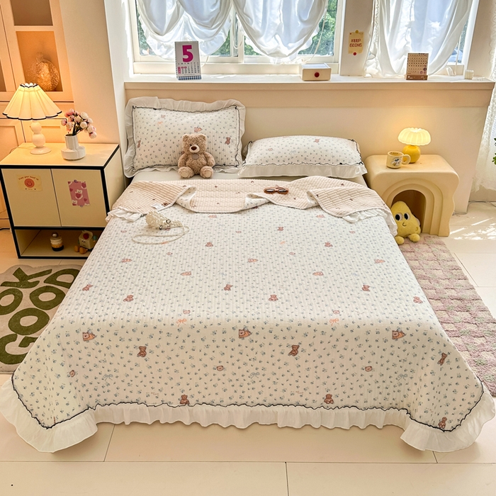 91家纺网 家纺一手货源 找家纺 岚吉家纺 2025新款有氧双层纱花边床盖系列花町物语