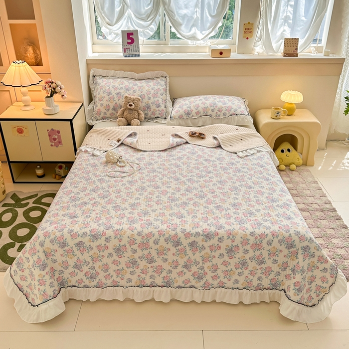 91家纺网 家纺一手货源 找家纺 岚吉家纺 2025新款有氧双层纱花边床盖系列花田错