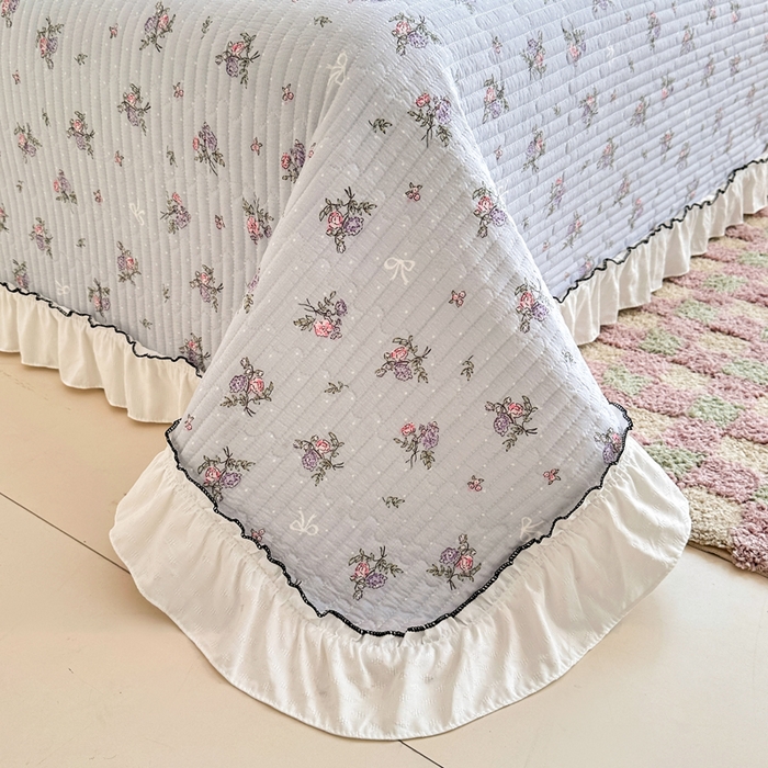 91家纺网 家纺一手货源 找家纺 岚吉家纺 2025新款有氧双层纱花边床盖系列蓝色妖姬