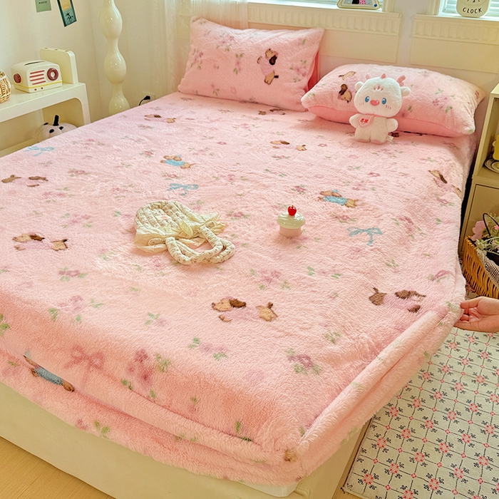 91家纺网 家纺一手货源 找家纺 2025新品兔毛印花单床笠 床笠-旺旺乐园