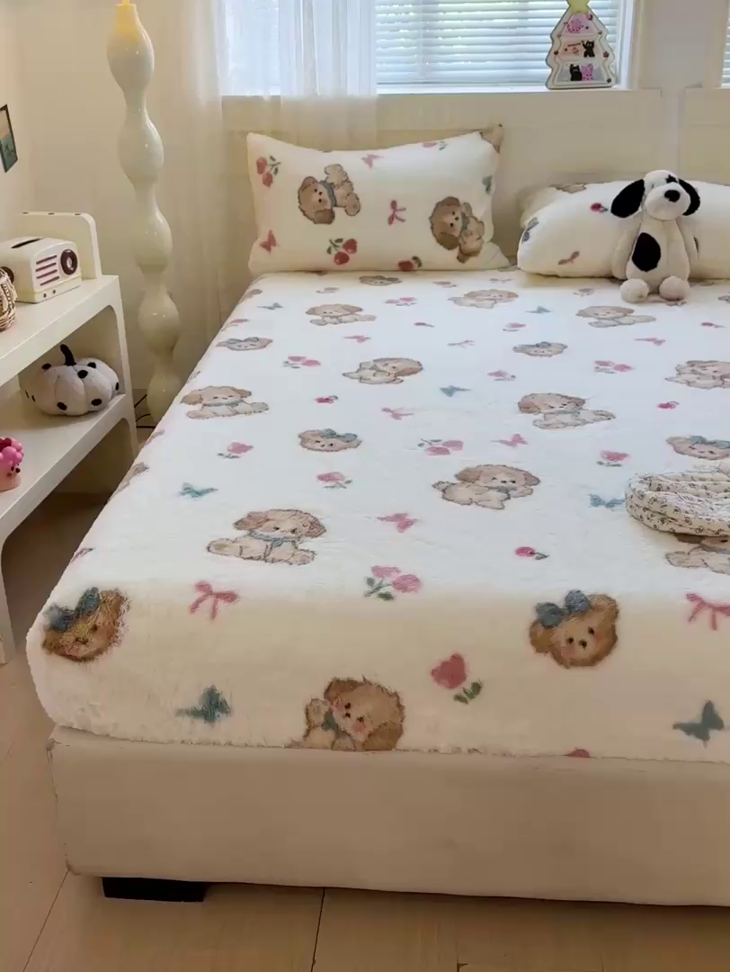 91家纺网 家纺一手货源 找家纺 2025新品兔毛印花单床笠 床笠-幸运狗