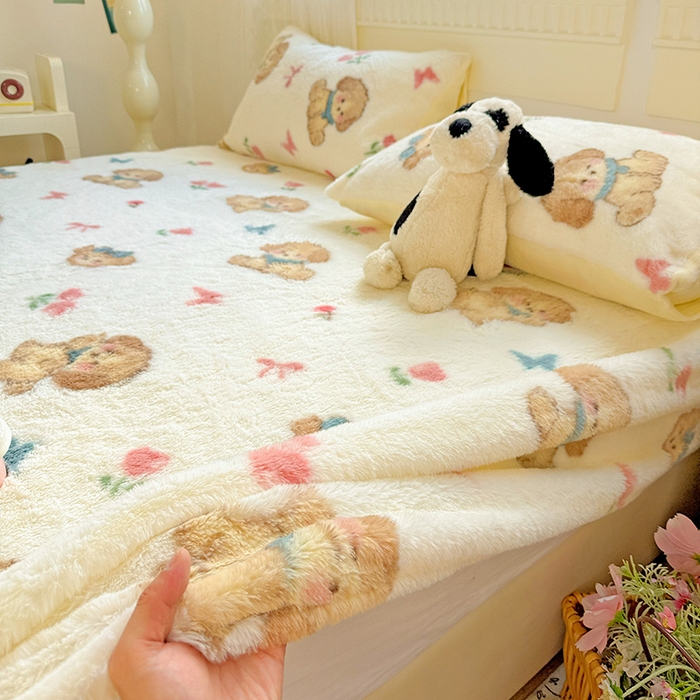 91家纺网 家纺一手货源 找家纺 2025新品兔毛印花单床笠 床笠-幸运狗