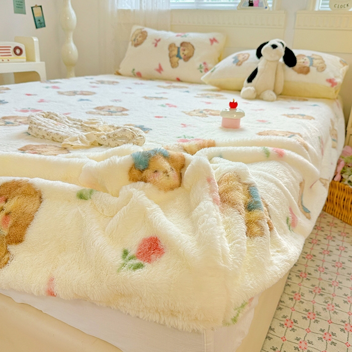 91家纺网 家纺一手货源 找家纺 2025新品兔毛印花单床笠 床笠-幸运狗