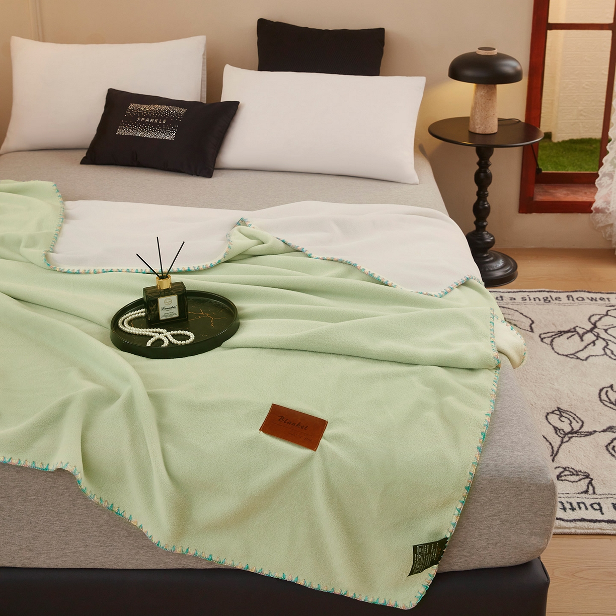 91家纺网 家纺一手货源 找家纺 肖恩毯业 2025新款轻奢纯色仿羊绒毯单层双层保暖加厚秋冬毛毯盖毯毯子跨境专供 仿羊绒双层-绿-白