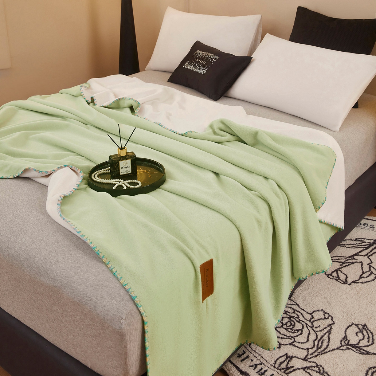 91家纺网 家纺一手货源 找家纺 肖恩毯业 2025新款轻奢纯色仿羊绒毯单层双层保暖加厚秋冬毛毯盖毯毯子跨境专供 仿羊绒双层-绿-白