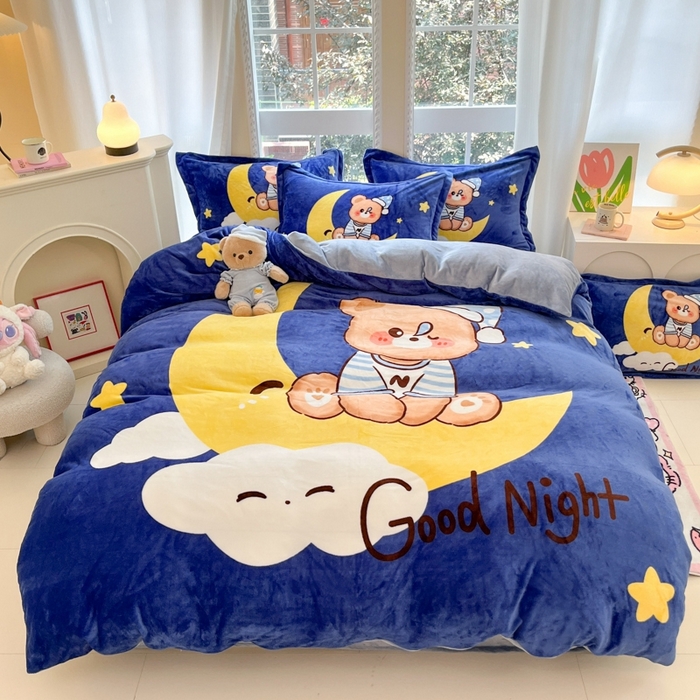 喜梦缘 2025新款大版卡通牛奶绒印花四件套 月亮熊