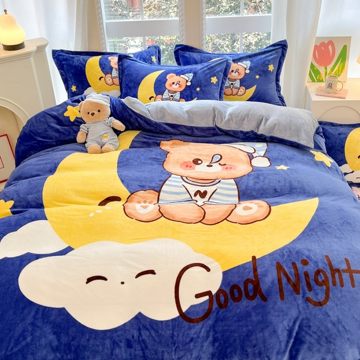 91家纺网 家纺一手货源 找家纺 喜梦缘 2025新款大版卡通牛奶绒印花四件套 月亮熊