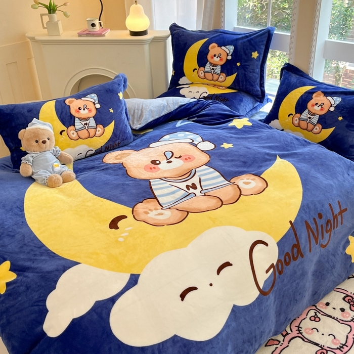 91家纺网 家纺一手货源 找家纺 喜梦缘 2025新款大版卡通牛奶绒印花四件套 月亮熊