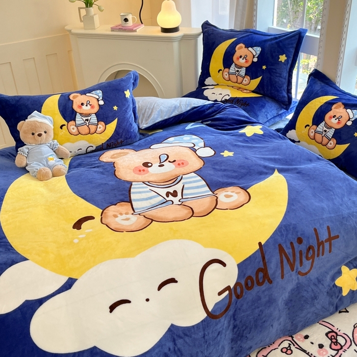 91家纺网 家纺一手货源 找家纺 喜梦缘 2025新款大版卡通牛奶绒印花四件套 月亮熊