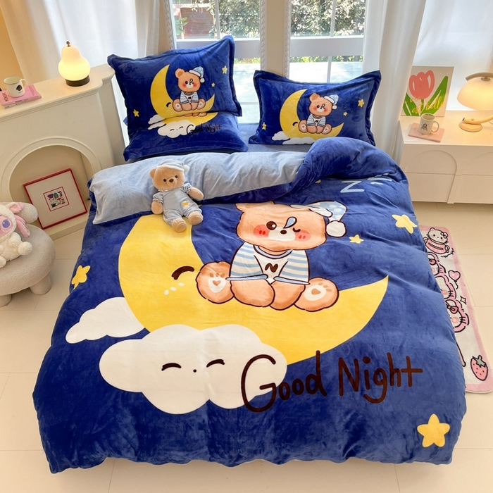 91家纺网 家纺一手货源 找家纺 喜梦缘 2025新款大版卡通牛奶绒印花四件套 月亮熊