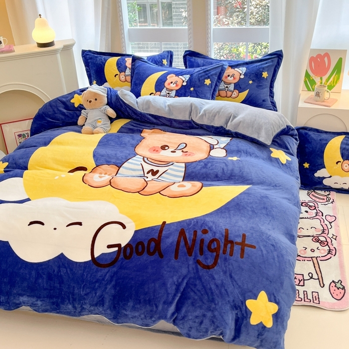 91家纺网 家纺一手货源 找家纺 喜梦缘 2025新款大版卡通牛奶绒印花四件套 月亮熊